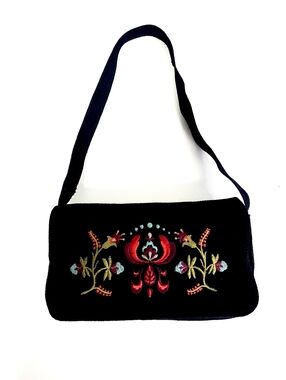 Black Embroidered Suede Leather Mini Shoulder Bag - Floral Design